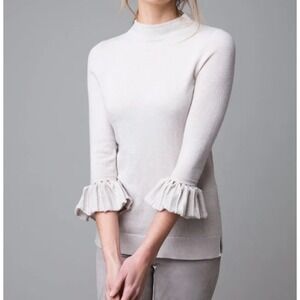 Kinross Cashmere Pleat 3/4 Sleeve Mock Funnel Neck Pull Over Sweater Size XS